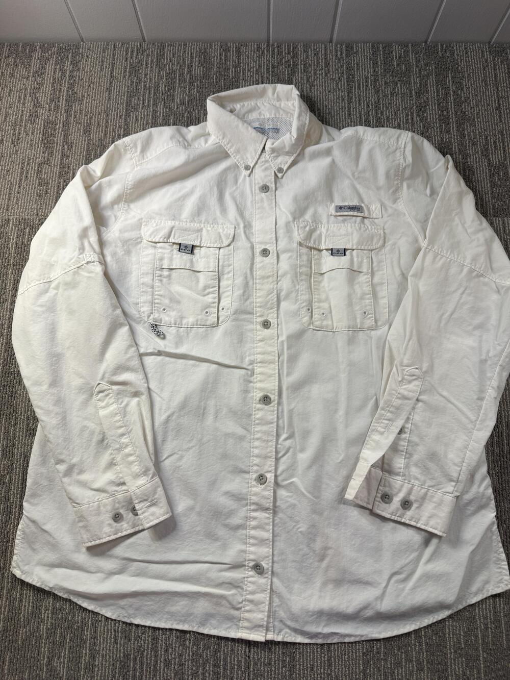Columbia PFG Shirt Mens Large White Solid Long Sleeve Button Up Fishing Outdoor